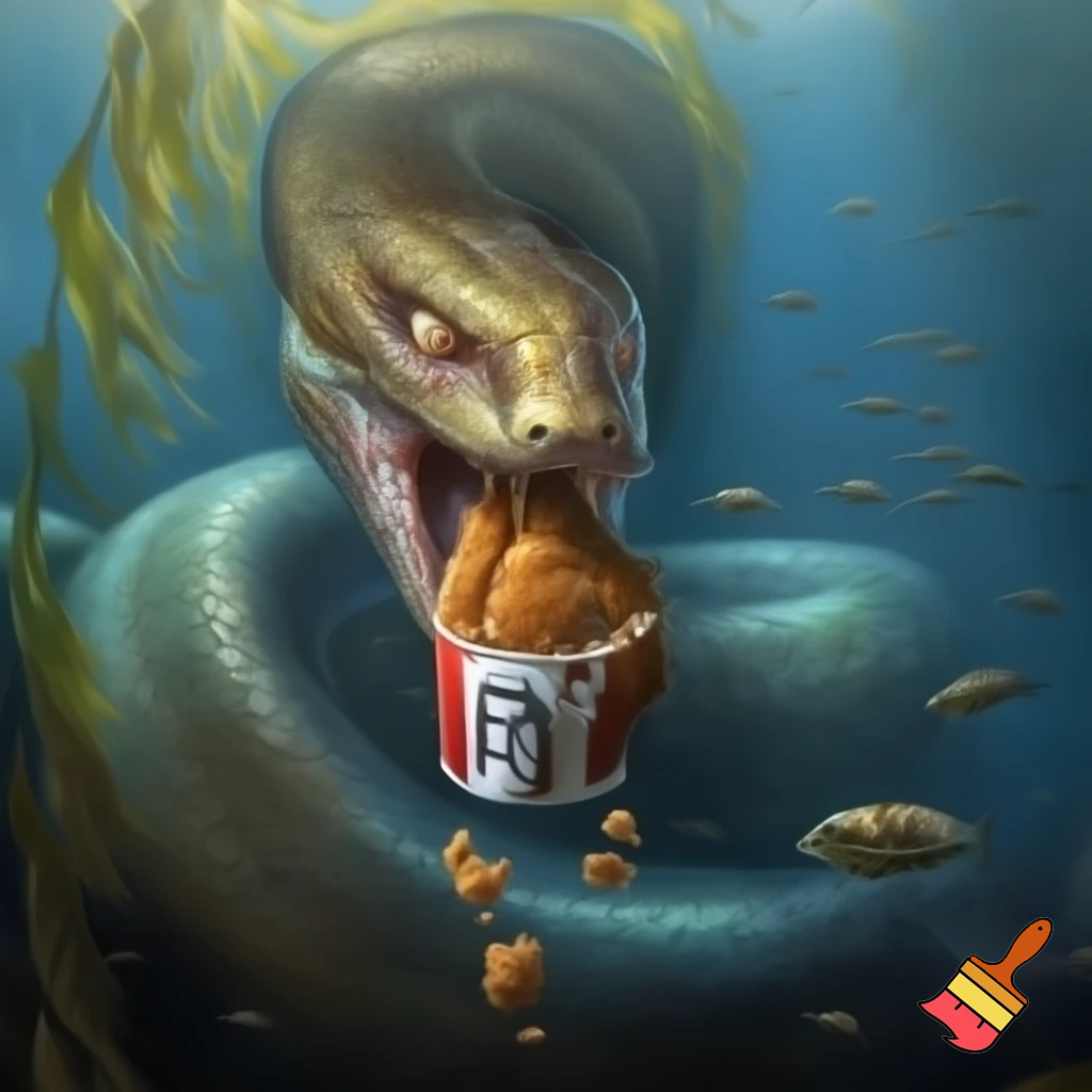 snake with human head in the ocean eating KFC
