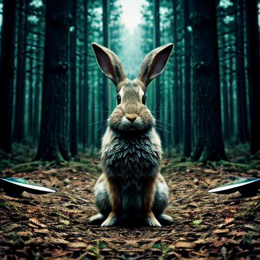 European rabbit, holding knife, dark forest, evil,