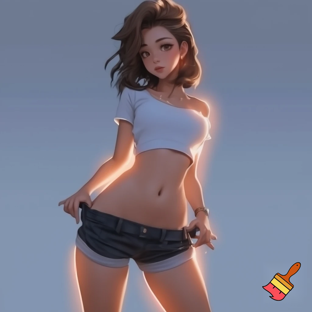 Anime girl 20 years old so cool and cute is dressing an underwear clothes and cool short black jeans is standing make is so anime  is doing an cool pose and the girl is holding her jeans with cool pose and her body is shiny and her face and waist and ass is so cool and make it so cool and so so so cute and her body is so cool