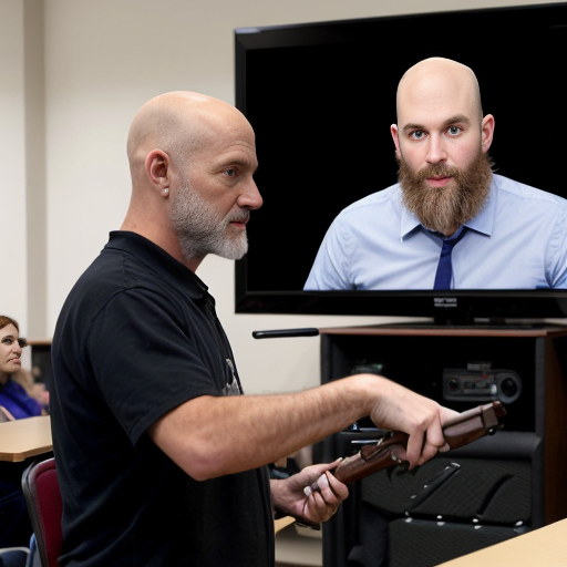 he's the professor and we are all  students at a lecture.bald guy with a beard trading futures ona big flatscreen tv set of 4, room with guns andf guitars aveytwhere and amps - the bald guy is the speaker not the tohers..., 
