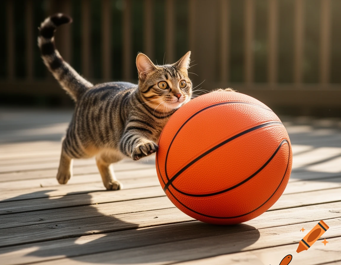 cat playing with a baskeball