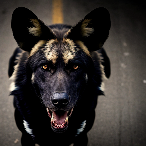 A black wild dog wearing a prison outfit looking DEADLY, sinister, angry and malicious