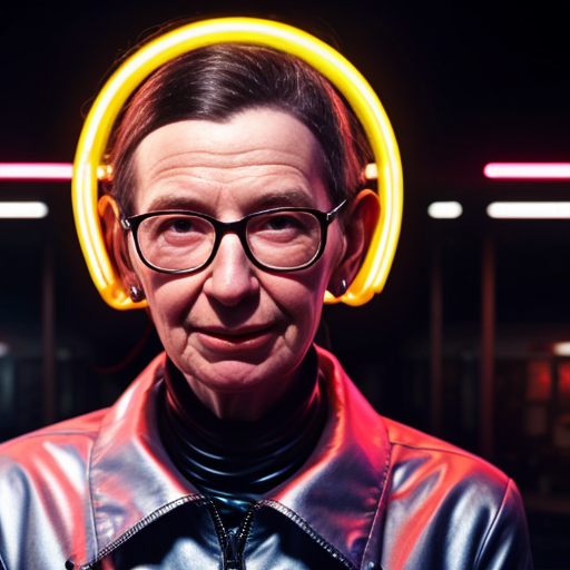 grace hopper with wires coming out of her head, in futuristic city, neon lights
