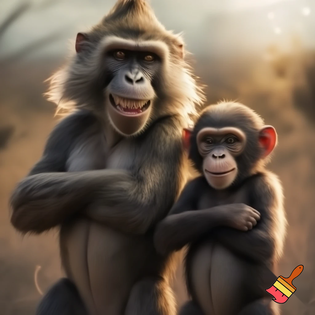 A baboon smiling and standing on his two legs with his arms crossed and looking at a chimpanzee that is standing on his two legs with his arms crossed and smiling