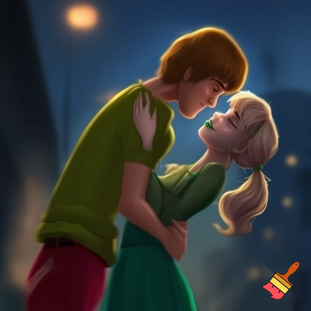 Shaggy rogers With green shirt and red pants and black shoes kissing Dusk from the hex girls blonde hair two pigtails wearing a green gothic dress and green lipstick 