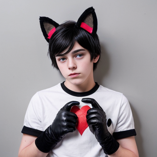 teenage boy with red eyes, black hair, white cat ears, a white shirt with a red love heart in the top right hand side, blue jeans, black gloves with one love heart per glove and a brown cat tail with a white stripe near the tip.