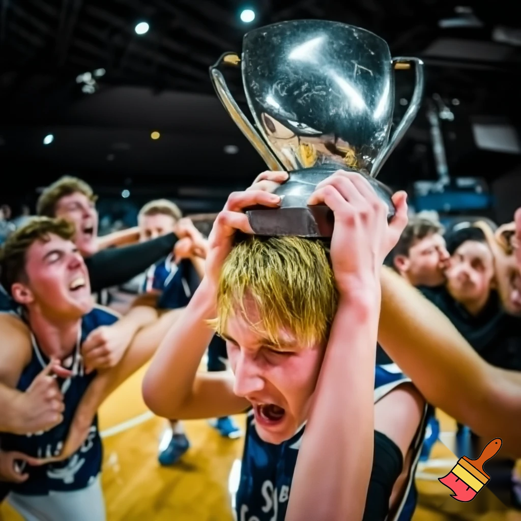 white teenage basketball with blonde hair player holds a trophy while the team is carrying him