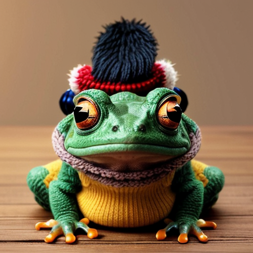 A laughable, puzzled animal toad in woolen, multicoloured winter clothings with woolen, funny winter cap. Hyperrealistic art style.