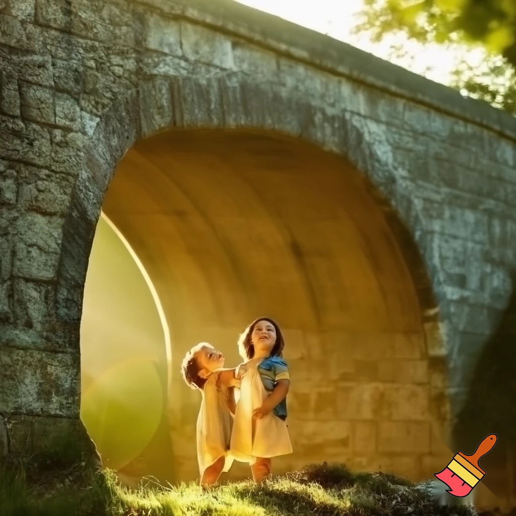 2 kids standing under a bridge in the sun