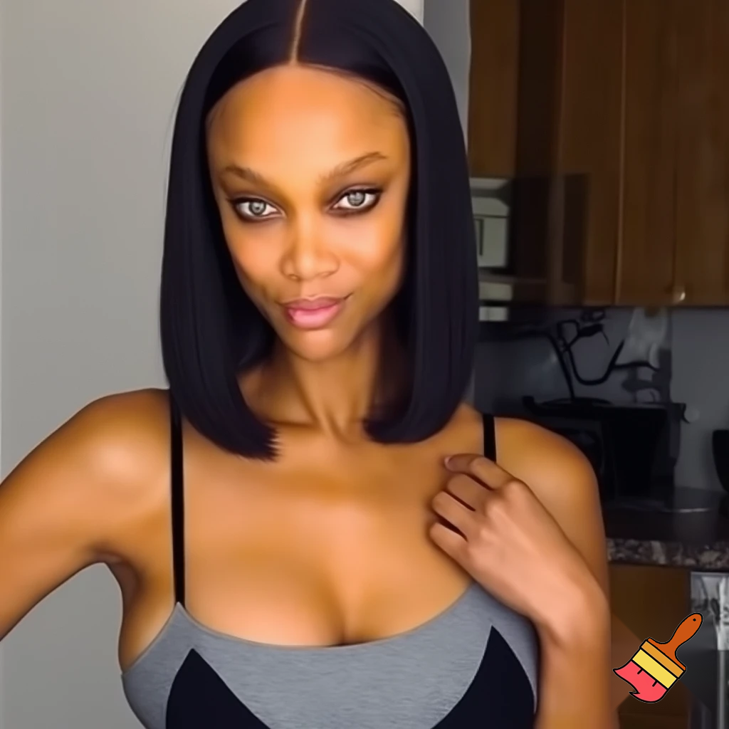 Tyra Banks with a black sleek middle part bob hair wearing a grey camisole and black bra working out at home 