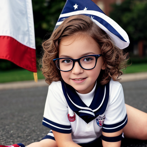 Cute adorable niña Chilindrina glasses con hair lazo curly Blonde con sailor uniforme escolar con zapatos negros escolar con calcetines blancos con Estados Unidos América bandera con desfile con ciudad 2