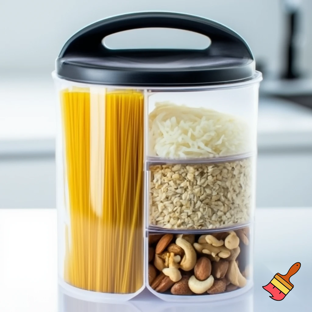 make a cylindrical food storage that has a handle ontop and has 4 sections holing different dried food e.g. pasta, rice,grains, nuts

