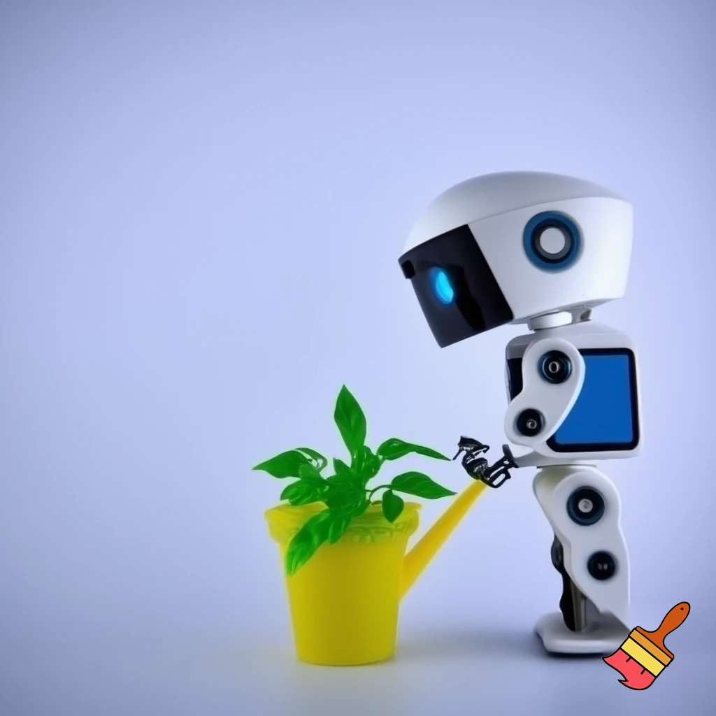 Un robot assistant qui arrose une plante... en plastique.