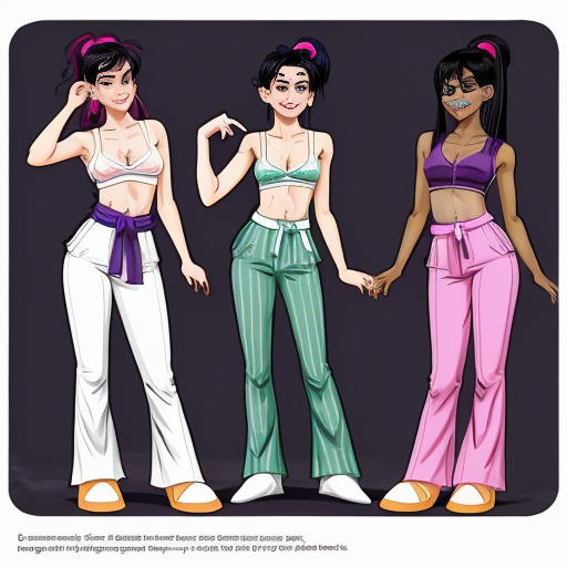 90's Disney style comic with dark blue background with six panel grids showing 
Panel 1 the black haired ponytail woman with ,dark purple skin ,purple and yellow spotted harem pants,and bra and purple sash and yellow vest and purple curved slippers. 
Panel 2 the black haired ponytail woman with white skin,black and white striped harem pants,black and white bra and black sash and black vest and white curved slippers. 
Panel 3 the black haired ponytail woman with blue skin, light and dark blue striped harem pants, light blue bra and dark blue sash and dark blue vest and light blue curved slippers . 
Panel 4 the black haired ponytail woman with green skin, light and dark green harem pants, light green bra and dark green sash and dark green vest and light green curved slippers. 
Panel 5 the black haired ponytail woman with dark pink skin, pink harem pants, pink bra and pink sash and pink vest and pink curved slippers. 
Panel 6 the black haired ponytail woman with orange and purple striped harem pants, purple bra and orange sash and orange vest and purple curved slippers and all are having their hand palms place together near their chest and swaying their hips