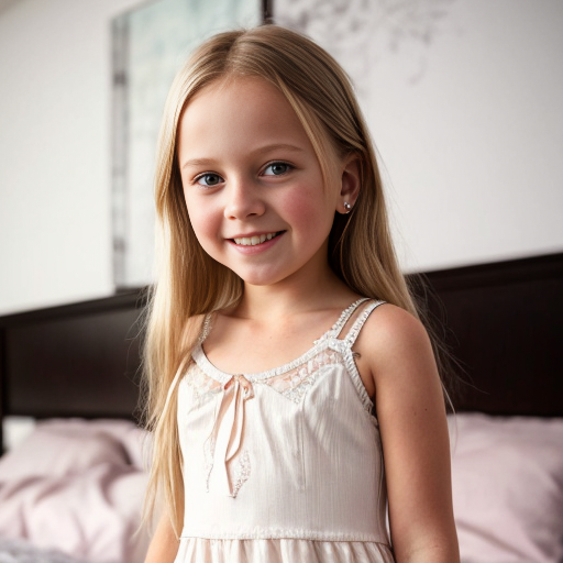 finnish little girl at night dress, very beautiful and eager, long blonde hair, on the bedroom, close up, mom at background

