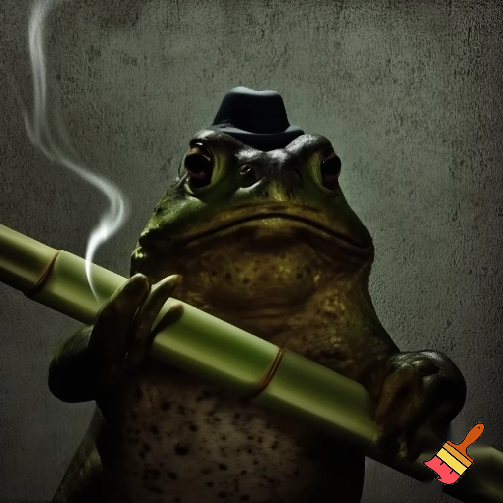 a toad with dark green skin and small little light green glands with a frown smoking sugercane plant with a short tophat in a mughshot 