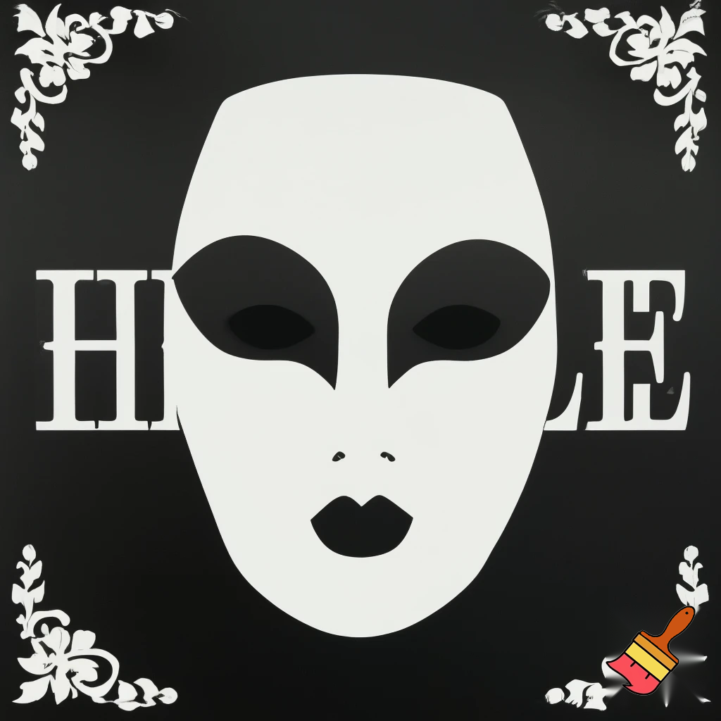 Poster: Solid flat Black and white colors. Black background, white serif letters: MEMOIRS OF A HARLEQUIN. White iron floral motifs around the corners of the poster. And big, tall, and wide flat color of white for the harlequin mask, behind the small white serif letters: Memoirs of a Harlequin. The mask is slightly leaning to the right and is nearly touching the corners of the poster's frame but does not go past and beyond the White iron floral motifs of the bottom left corner and the top right corner.