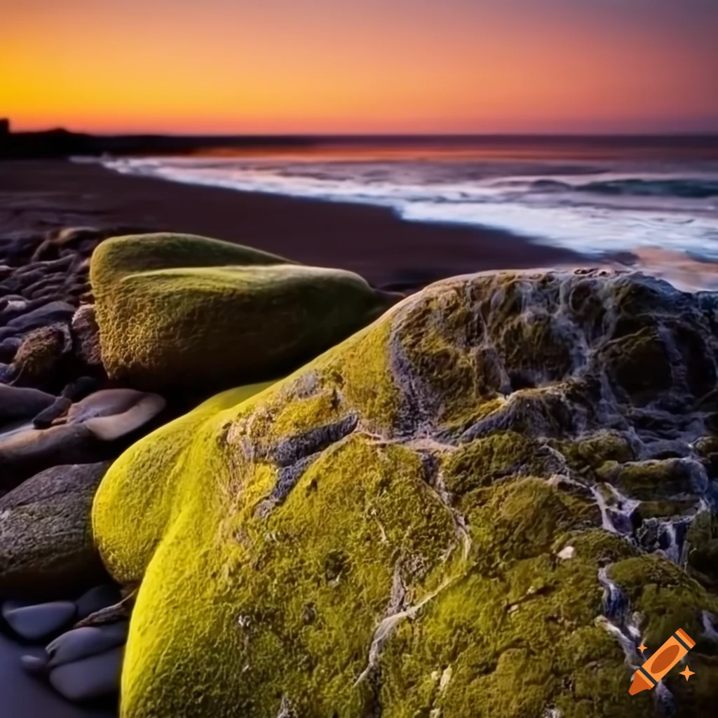 detail photography waves sunset beach moss stone foreground