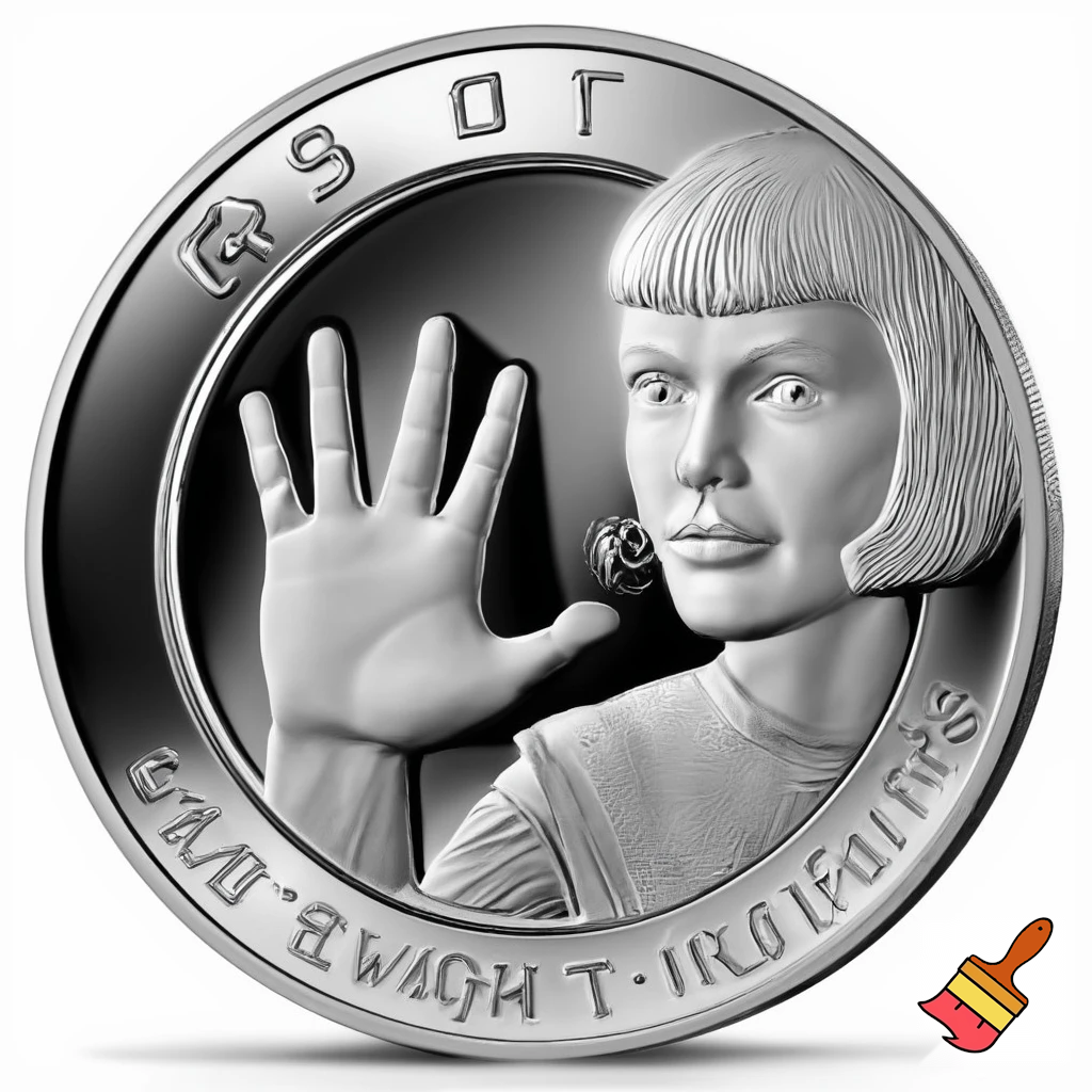 A silver commemorative coin in JFK half-dollar style, highly detailed metallic finish. Front side: Grok AI logo (stylized 'X' or robot symbol) embossed in relief with "GROK" text around the rim. Reverse side: portrait of T'Pol from Star Trek Enterprise in Vulcan attire with pointed ears, raised hand in Vulcan salute, "LIVE LONG AND PROSPER" text around the rim. Professional numismatic photography, sharp details, reflective silver surface, studio lighting.