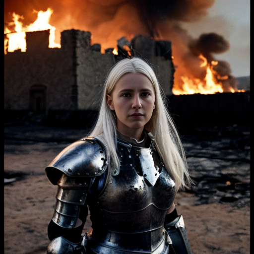 young, tall, white-haired woman in armor stands in front of a burning castle into which meteorites are falling.