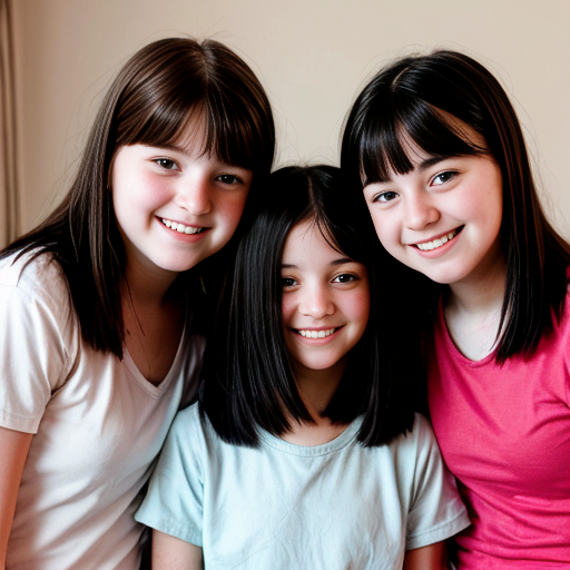 Generate a family photo of 16 year old triplet girls with black hair