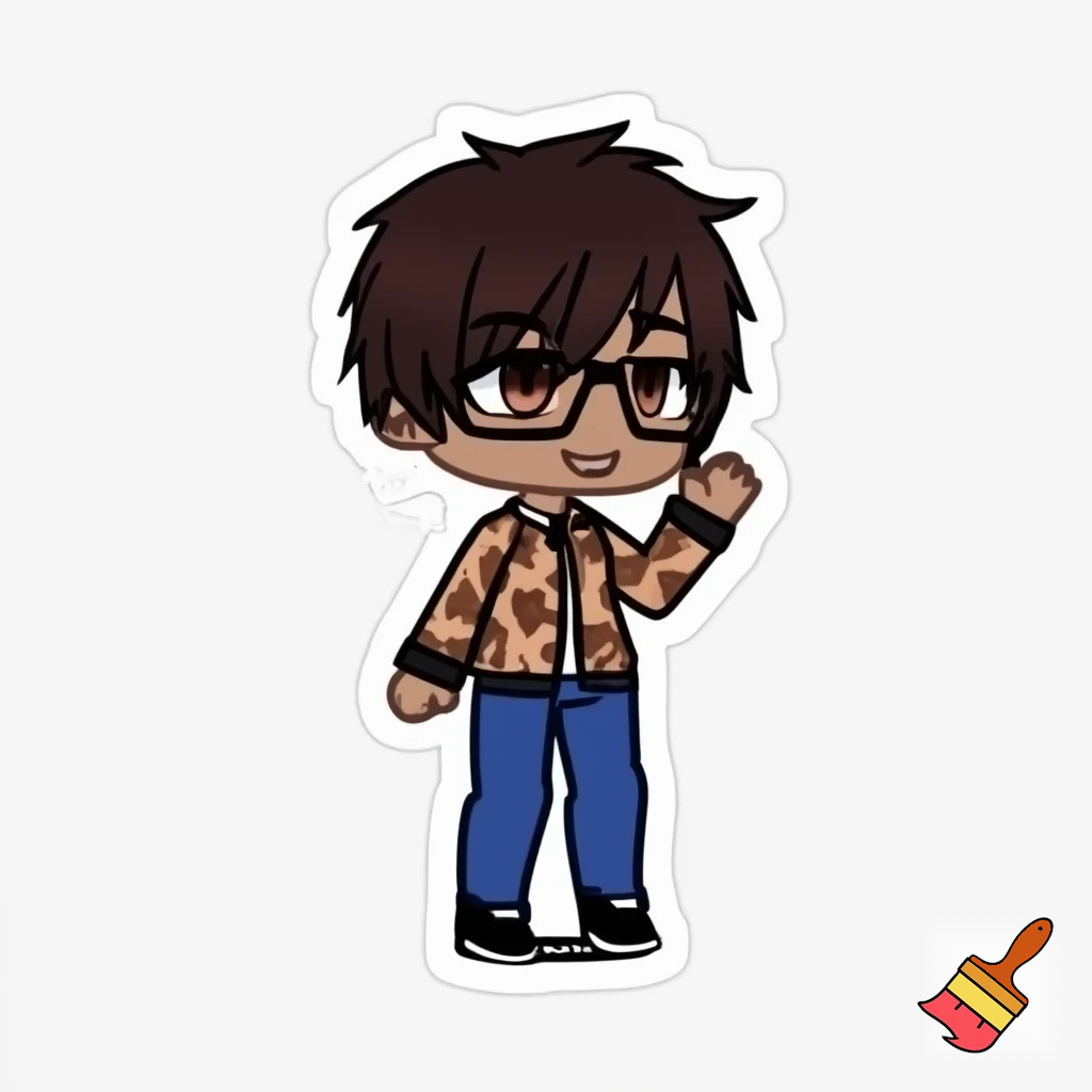 A Gacha brown skinned boy with dark brown hair, brown glasses and a brown pattern jacket with a white shirt, blue pants and black shoes. Waving at the camera 