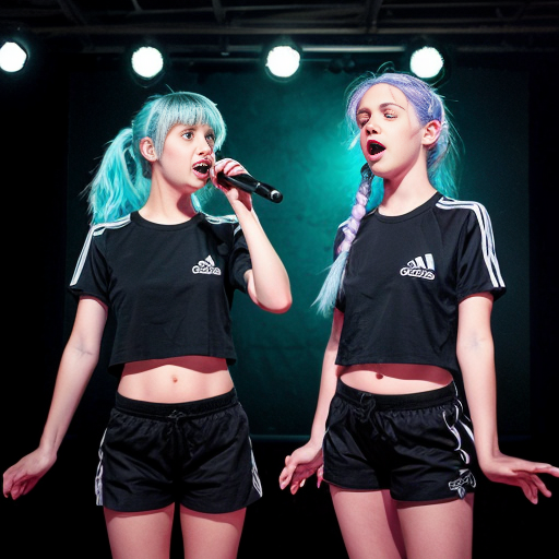 Two girls (both adults) standing while two spotlights slightly shine over them while playing synths (there are two synths, one in front of each of them), facing each other (as in, not side by side) and looking very sad and tearing up, one with very long, non-curly, light blue hair, and the other with lavender hair in a ponytail, both shirtless and barefoot, with medium-sized eyes, and wearing black Adidas shorts with logo, white outlines, and v-cuts (full body shown), there are also two microphones pointing at them (they aren't singing tho). For extra stakes, this is a synth duel, final round, and the two girls are synthing for their life because two floating hands with black tuxedo sleeves and white gloves (one on each side) are pointing guns behind their heads, only one synther will survive, so they better not slip up their piece. Also, anime, but the background colors look vibrant blue, and the stage is lit up with a big, white, very bright screen saying "Synth Duel: Final Round" in light blue, all uppercase, non-pixelated letters. 