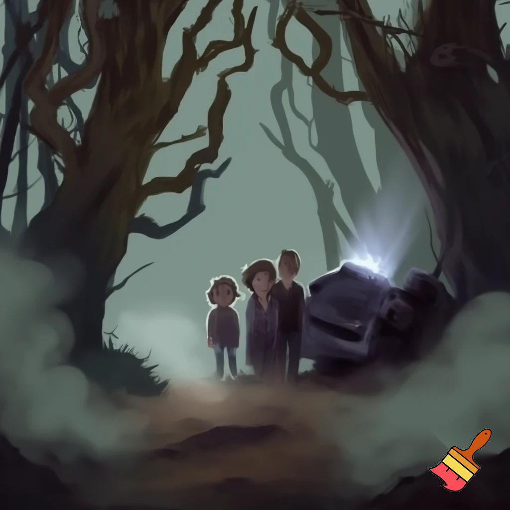 Draw me family that is lost in the first with a car crashed near them