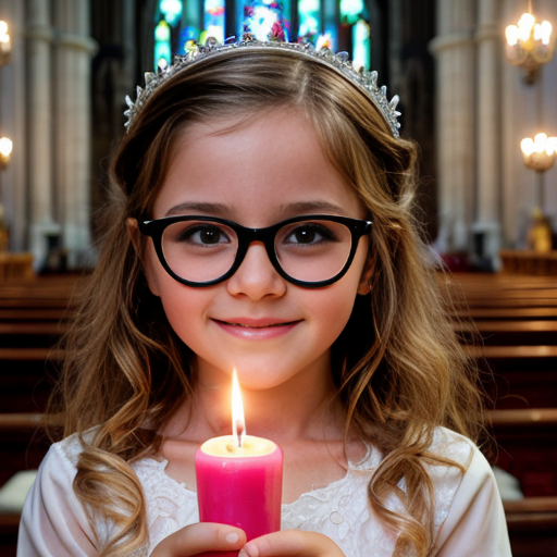 Cute adorable niña Chilindrina glasses con hair curly Blonde con corona Flores con verano elegante formal primera comunión sensual sexy con holding vela dé candela con altar con iglesia templó católico 3