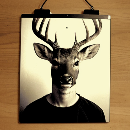 picture of a mugshot deer, scars, serious face holding a number board