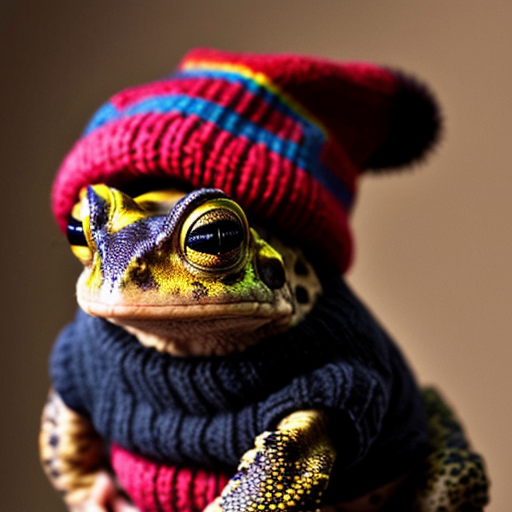 A laughable, puzzled animal toad in woolen, multicoloured winter clothings with woolen winter cap. Hyperrealistic style.
