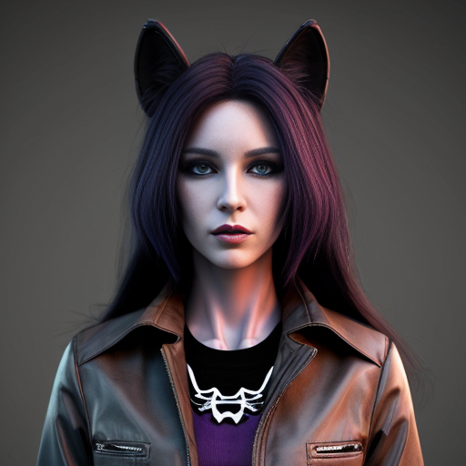Anthropomorphic humanoid female black wolf with long pretty black hair and purple eyes, wearing a brown jacket 
