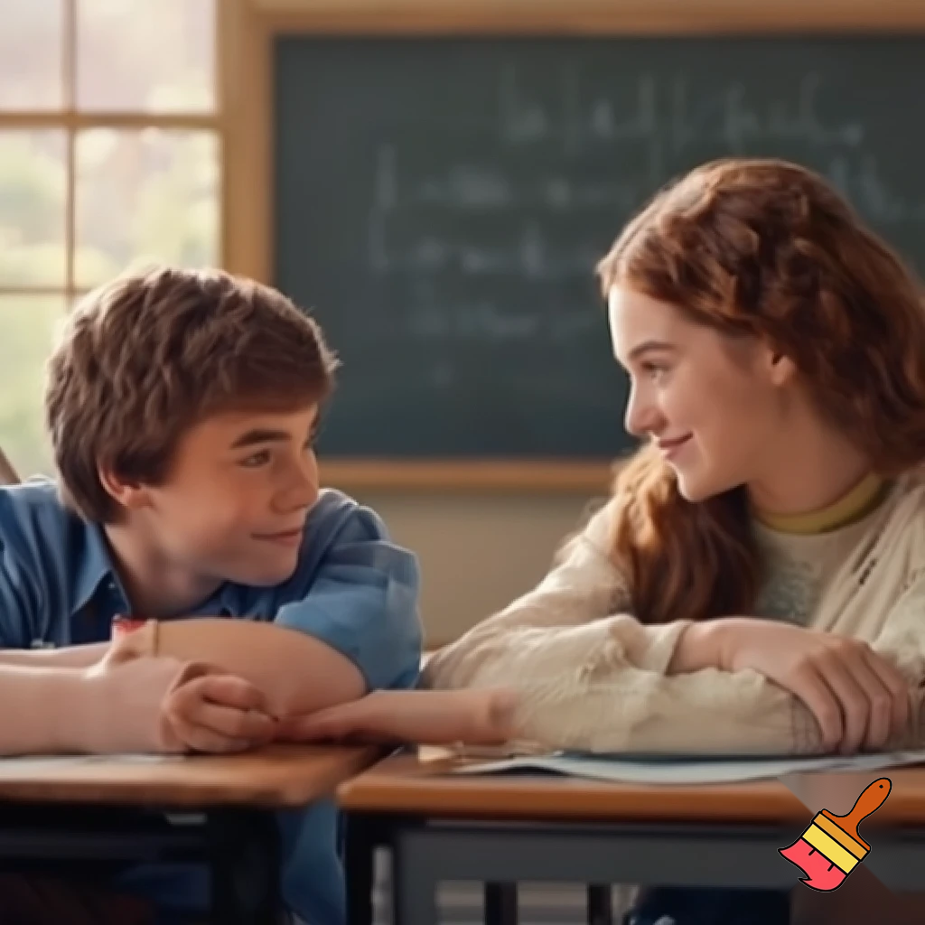 “A teenage boy sitting close with his girlfriend inside a classroom, both smiling softly, holding hands under the desk, blackboard behind them with chalk notes, soft sunlight coming from window, romantic but innocent school romance moment, aesthetic cinematic photography, natural color tones, depth of field background blur, ultra realistic 4K, Sony A7 photo style.”