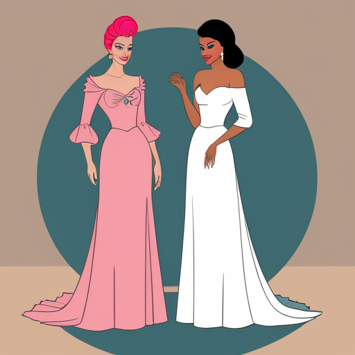 Cinderella in a pink gown, having her dress ripped apart by two elegant women in untouched gowns. full body view. The two elegant women are enviously tearing pieces of the pink gown off. The bodice of the pink gown has a large tear, a sleeve is missing, and there are multiple significantly large tears in the skirt. Both jealous women are currently ripping a piece of the skirt off.