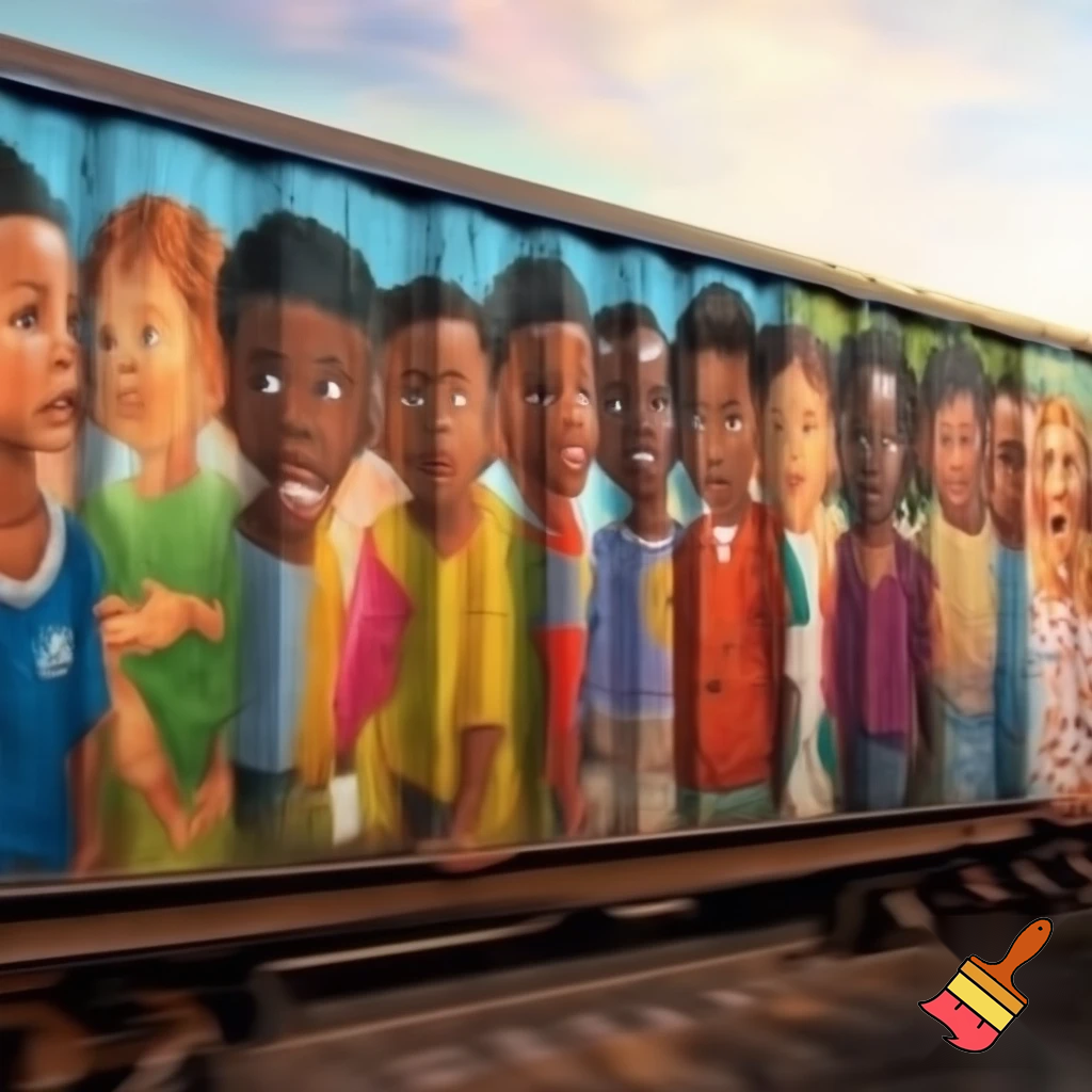 young kids from ethnic diverse backgrounds  side by side not holding hands as a mural on the cargo of a train . Like moving art that shifts as the train moves, kind of like a motion book


