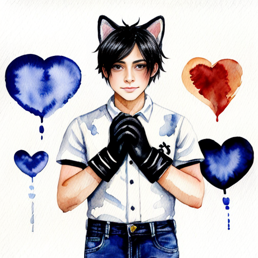 anime teenage boy with red eyes, black hair, white cat ears, a white shirt
, blue jeans, black gloves with one love heart per glove and a brown cat tail with a white stripe near the tip.