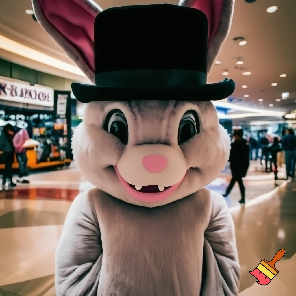 Easter bunny mascot top hat at the shopping centre mascot costume Darrell Lea magic room