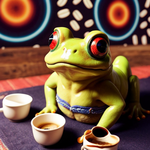 A hillarious, funny boho toad with some hippie colored coffee cups. Psychedelic decorated background.