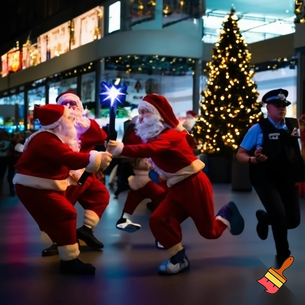 Santa Claus dancing shopping Centre walking Australian magic walking stick walking stick star running outside of the shopping centre on the Christmas tree  policeman are running the two naughty Santa Claus the two good Santa Claus and the naughty one