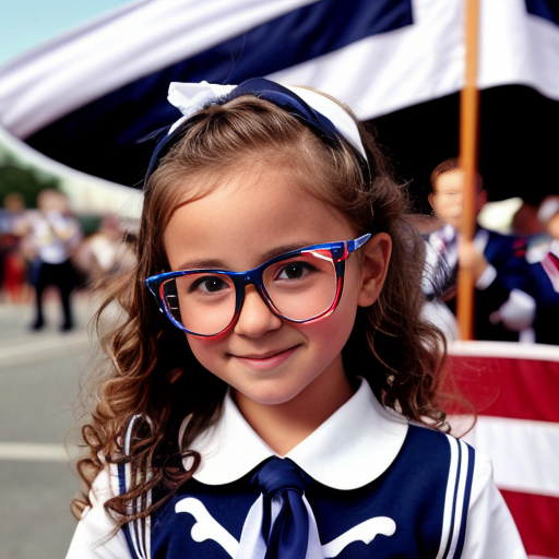 Cute adorable niña Chilindrina glasses con hair lazo curly Blonde con sailor uniforme escolar con zapatos negros escolar con calcetines blancos con Estados Unidos América bandera con desfile con ciudad 5