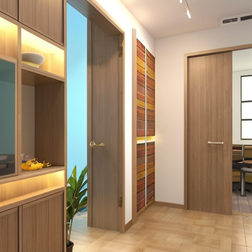 generate an interior picture of a room , 
commercial premises, with a 2.5-meter-long and 2.7-meter-high wall on the left, with 5 4-centimeter-wide pecan-colored boards on the left and right edges of the wall, and black wallpaper with gold-colored thin stripes in between. There is also a 60-centimeter-wide and 2-meter-high decorative panel with a floral pattern, and a 60-centimeter-wide and 2-meter-high mirror. the second wall begins with 50 cm of 4 cm wide pecked walnut-colored slats, followed by a 1.80 m long and 1.3 m high counter with a glass in the middle that is illuminated from the inside with yellow light, then 90 cm of slats that are pecked at regular intervals, and the wall ends with a door that matches the color of the counter. The third wall is covered with decorative plaster. Design this room in a modern and stylish manner.