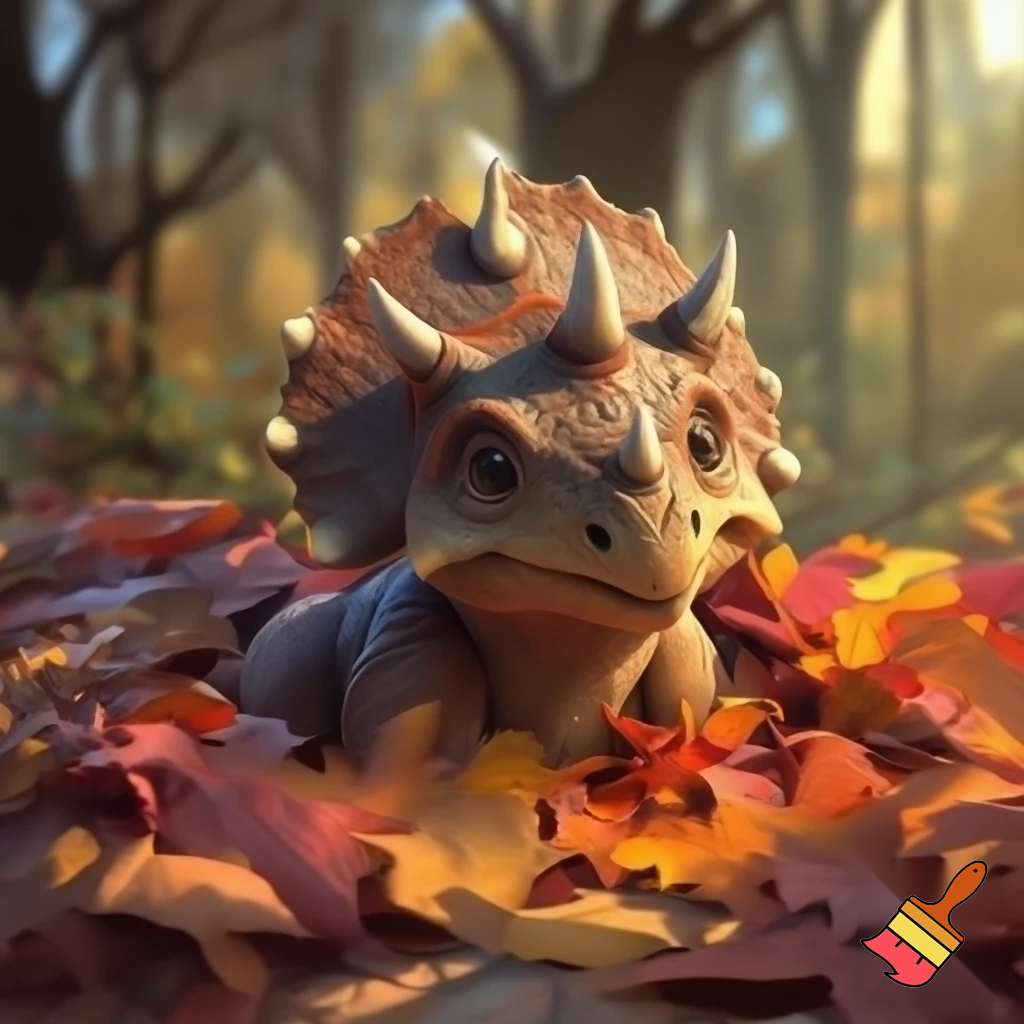 Draw a cute baby triceratops In the wild covering his head in a pile of leaves 