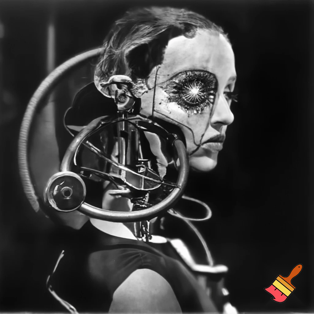 Bio-mechanical girl portrait, noise art. In the style of a 1920's German Expressionism. Black & white.