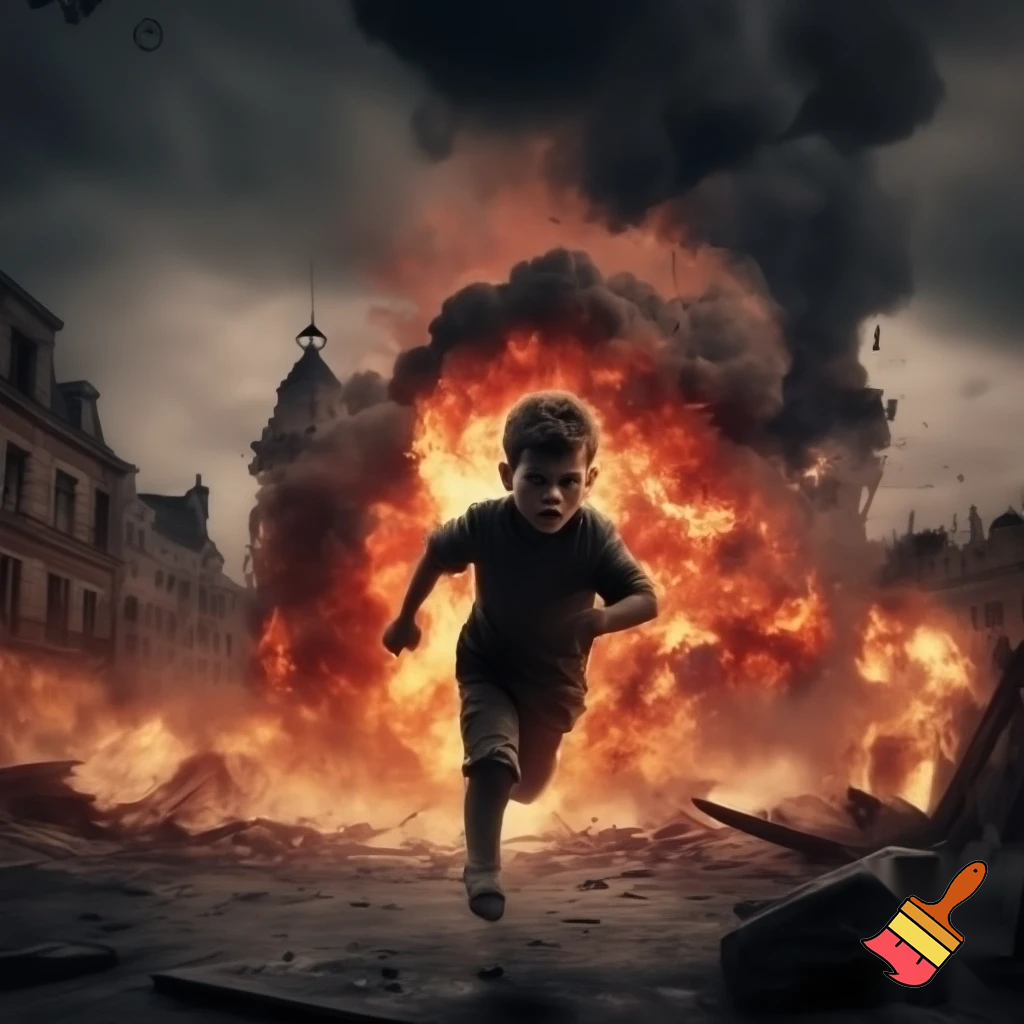 a boy running away from an explosion in germany