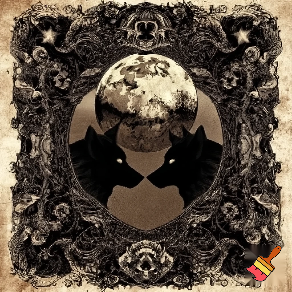 A gothic vintage illustration design for a blanket. A large, intricately detailed full moon with deep visible craters dominates the top center, casting a dramatic presence. Below it, two realistic wolf heads face each other in profile, illustrated in a dark sepia and black fine-line engraving style with sharp linework and intense shading. Surrounding the scene is an ornate gothic border featuring baroque scrolls, thorny vines, wilted roses, crescent motifs, and small occult-style stars. The overall palette remains limited to sepia, black, and cream, with a distressed aged-paper texture to enhance the antique gothic mood. Solid fills only — no gradients, no glow, no shadows, no modern effects. The final result should feel dark, mystical, ceremonial, and heavily gothic, perfect for a dramatic blanket design.