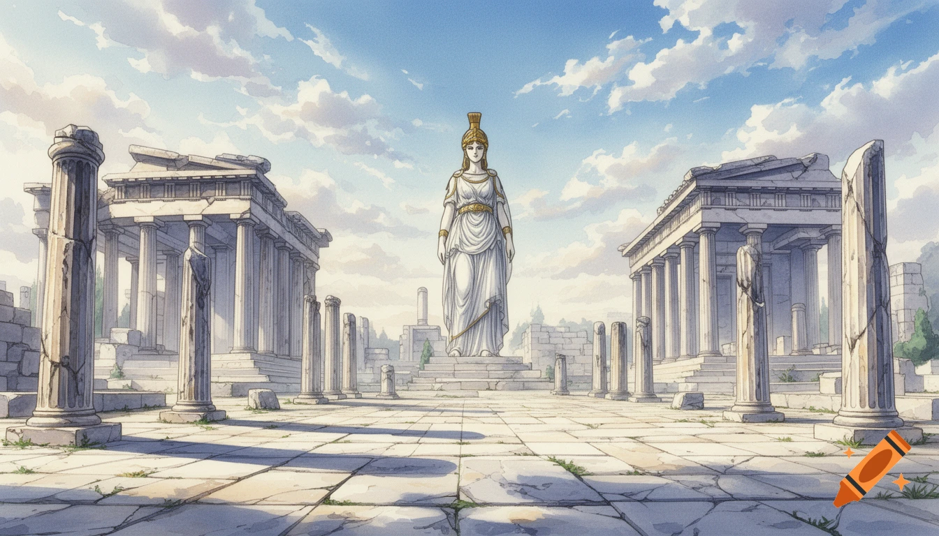 Ancient greek ruins landscape, including the ruins of some temples and some isolated doric columns, and a gigantic Athena marble statue in the center of the background. Floor must be made of deteriorated marble tiles. The scene must take place during daytime, with diffuse illumination. The art style must resemble water-color japanese animation backgrounds, commonly seen in 80s cartoons like Saint Seiya. The generated image must be a general camera plane of the place.