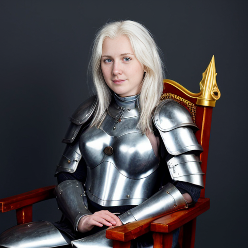 young tall white-haired woman in armor sits on a throne