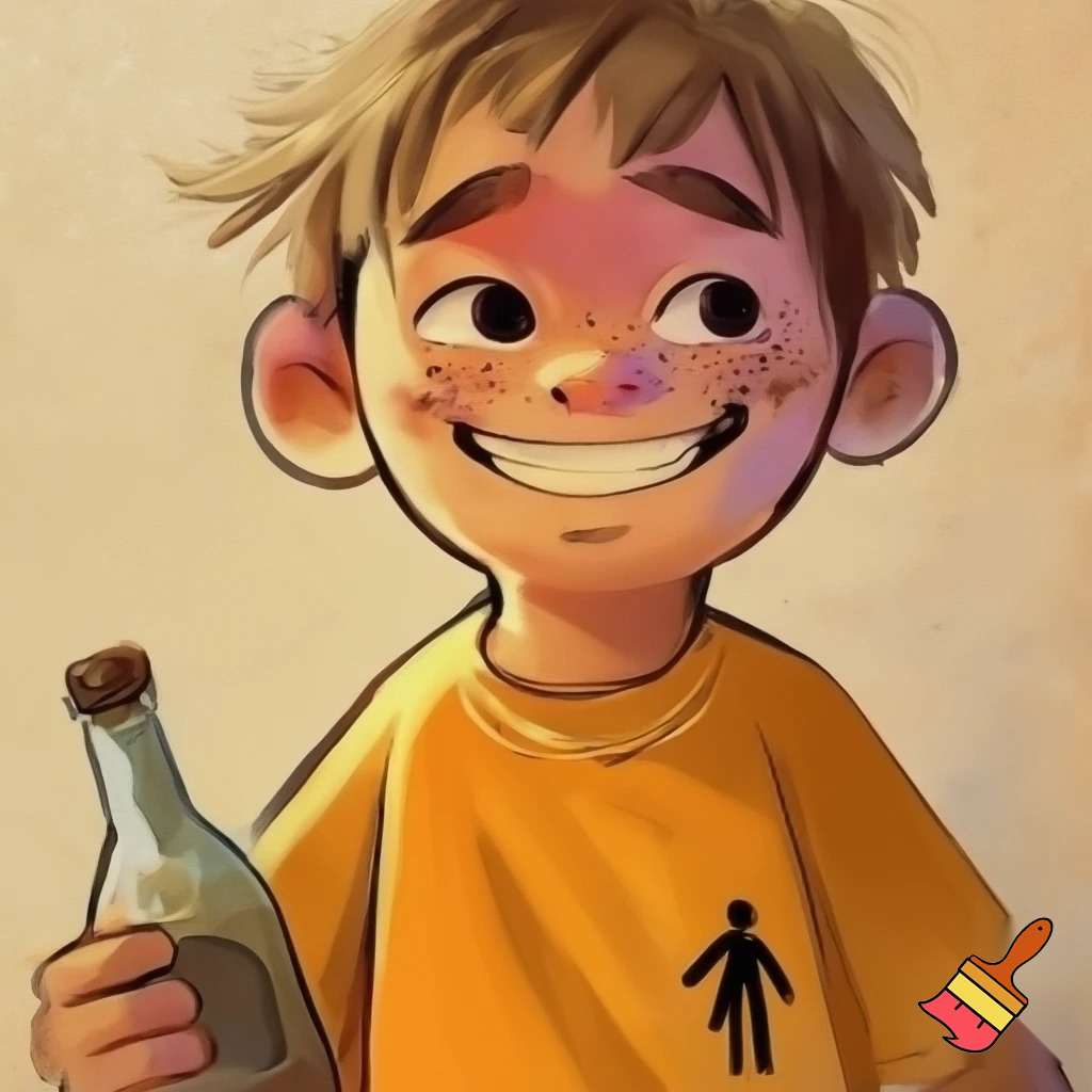 cartoon illustration of a young boy with light skin, shaggy light brown hair, and a wide smile. He’s wearing a loose yellow-orange t-shirt with a small black stick figure logo on the chest. He holds a vintage-style bottle in one hand. The style is semi-realistic cartoon with clean linework, warm beige textured background, and expressive facial features like thick eyebrows, freckles, and bright eyes. The mood is playful and nostalgic.