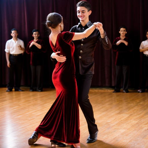 Mom dancing with group of boys a latin dance.she is wearing velvet leg slit dress.red rose on her hair.