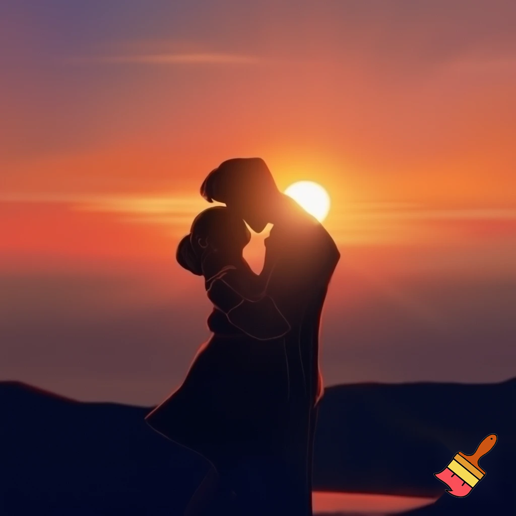 An image of a man with his wife on a sunset hugging themselves 
